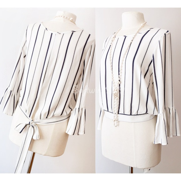 Last☝️ Ivory Navy Striped Tie Back Crop Blouse Top - Picture 2 of 8